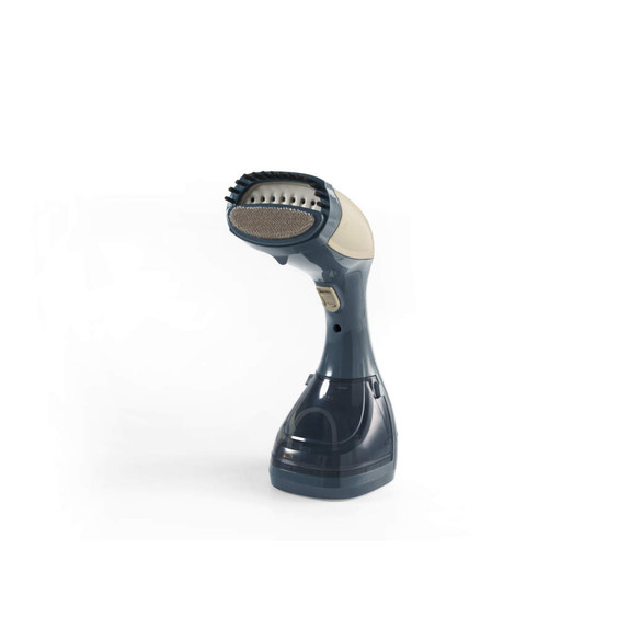 Handheld garment steamer in grey and beige with brush attachment, shown upright.