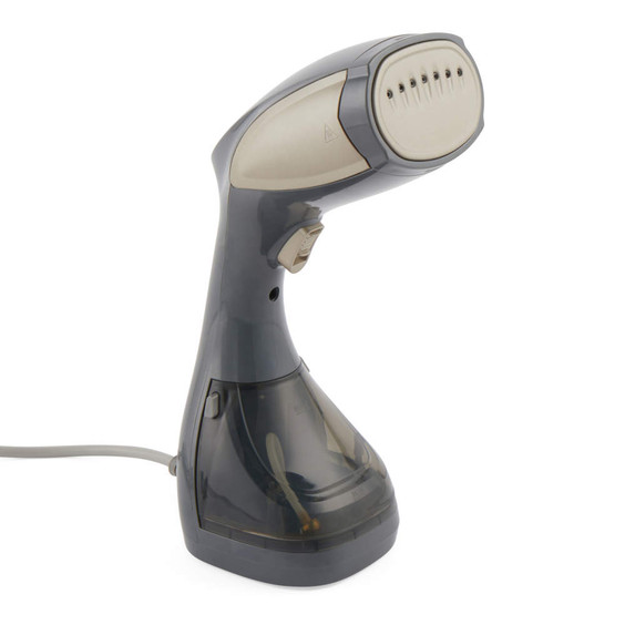 Handheld clothes steamer in grey and gold, shown upright for garment care.