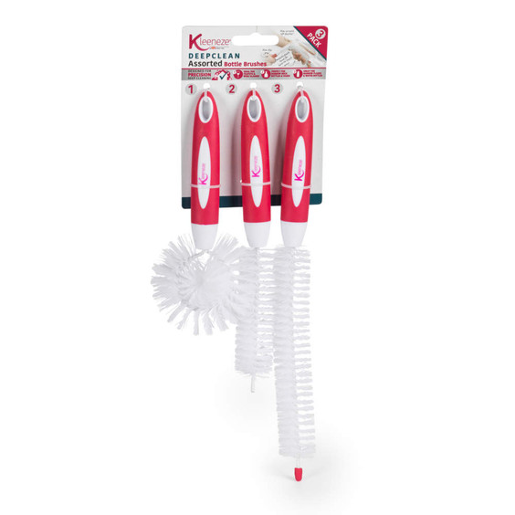 3 pack of pink and white assorted bottle brushes for cleaning bottles and glasses
