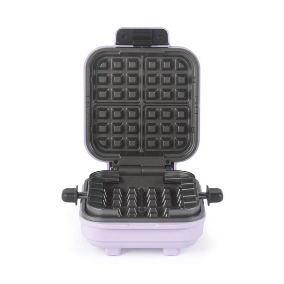 Purple waffle maker open, showing non-stick plates for square waffles
