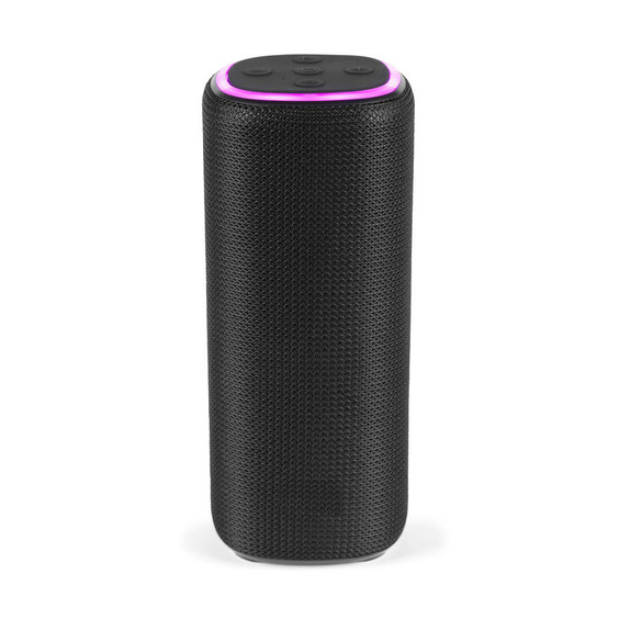 Black portable wireless speaker with textured surface and purple LED ring on top