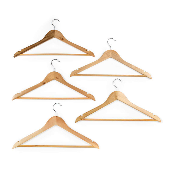 Pack of five natural wood clothes hangers with metal hooks, shown on white background