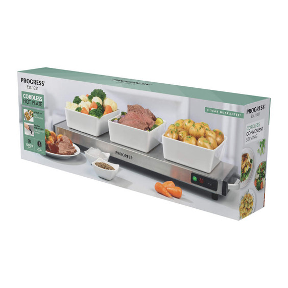 Progress cordless hot plate packaging showing hot plate with three white bowls of food.