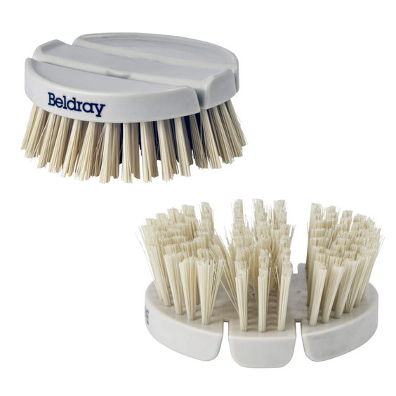 White round cleaning brush with beige bristles, shown from side and bottom.