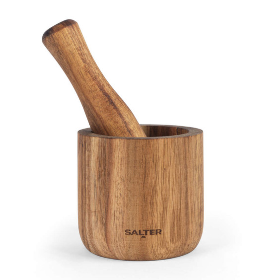Wooden pestle and mortar with natural finish, Salter logo on front.