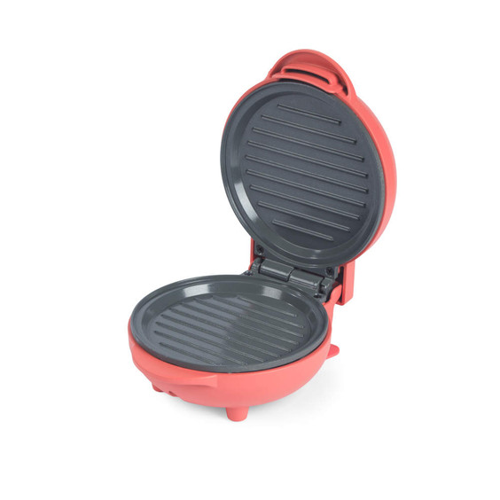 Red mini electric grill with open lid, non-stick plates
