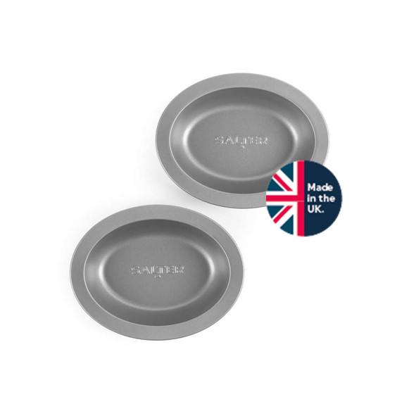 Set of two grey metal pie tins, Salter branding, badge: Made in the UK.