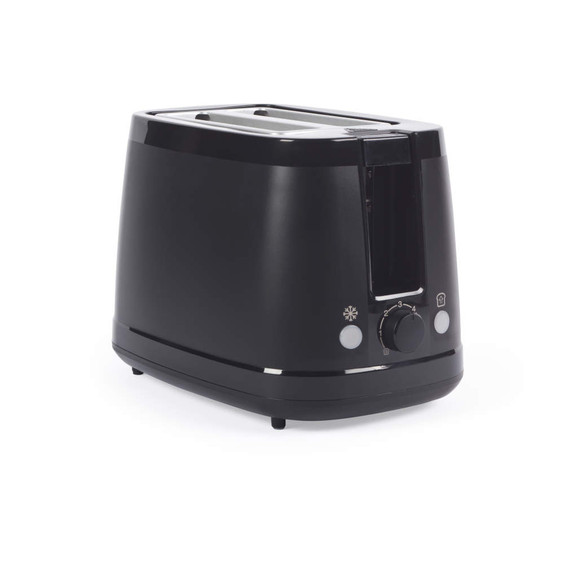 Black 2-slice toaster with controls, shown at angle on white background