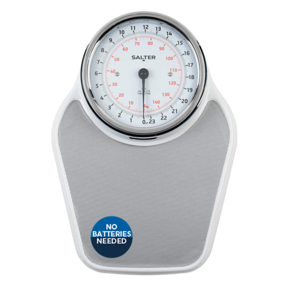 Mechanical bathroom scale with large dial, grey platform, and no batteries needed label