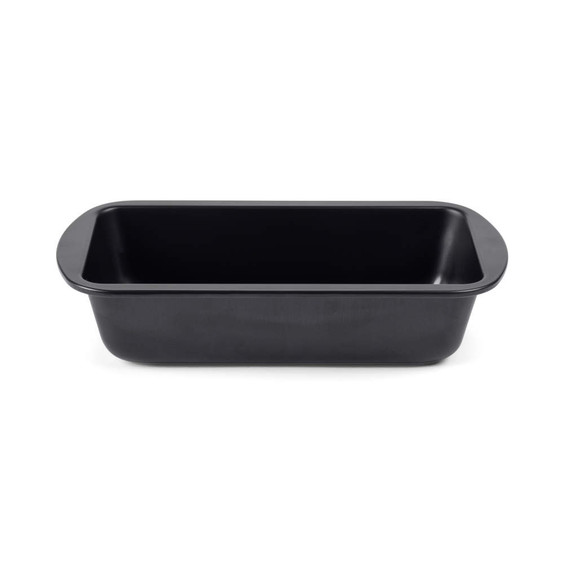 Black non-stick loaf tin seen from above, suitable for baking bread or cakes