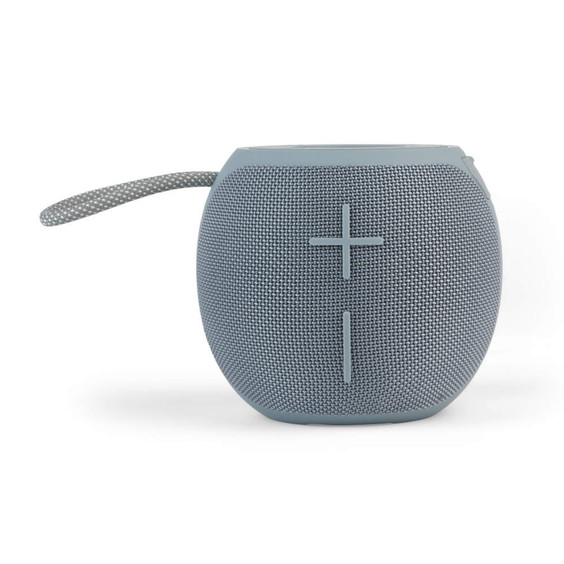 Portable blue wireless speaker with fabric finish and large volume controls.