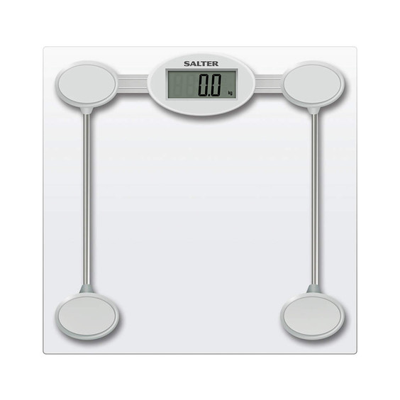 Silver digital bathroom scale with clear display, shown from above