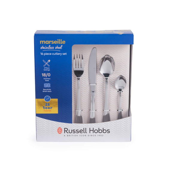 Boxed stainless steel 16 piece cutlery set by Russell Hobbs, showing fork, knife, spoon, teaspoon.