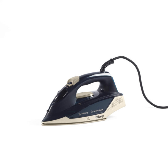 Navy steam iron with anti-drip and vertical steam features, side view.