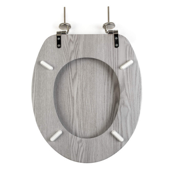 Grey wood effect toilet seat, oval shape, shown from above with metal hinges.