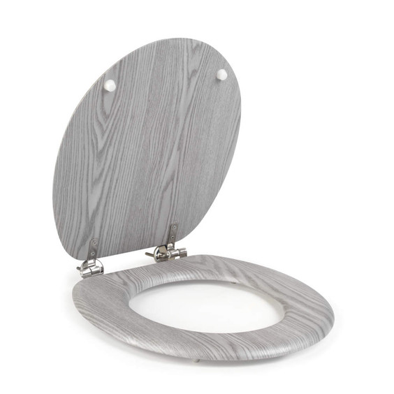 Grey wood effect toilet seat with lid, shown open, chrome hinges