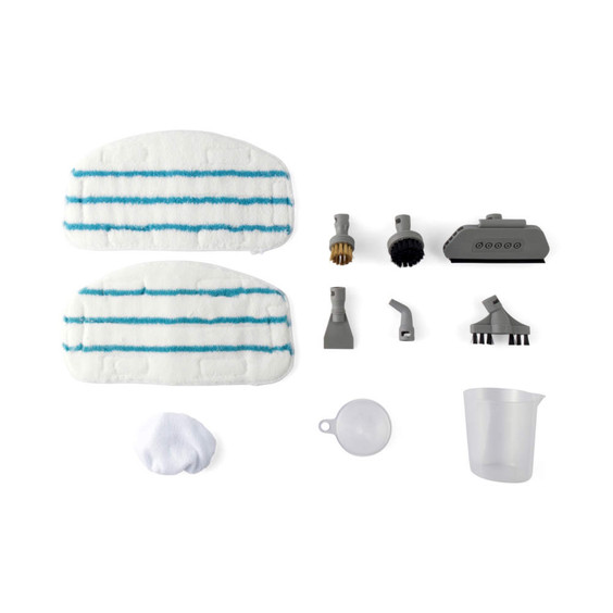 Steam mop accessories set with two white pads, brushes and measuring cup.