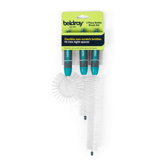 3 piece bottle brush set with flexible non-scratch bristles, blue handles, in retail pack