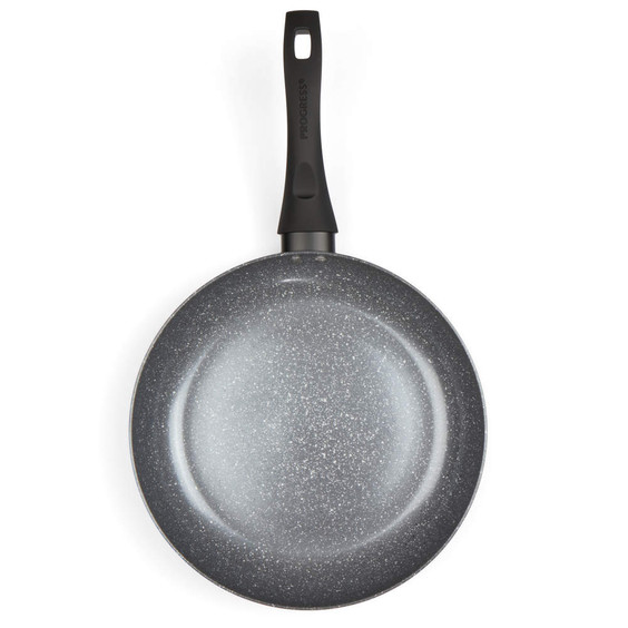 Grey non-stick frying pan with black handle, shown from above