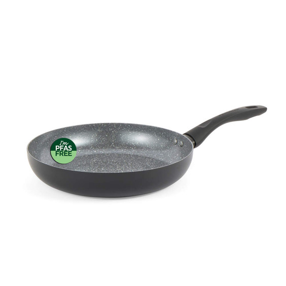 Grey non-stick frying pan with PFAS free label, shown from side angle
