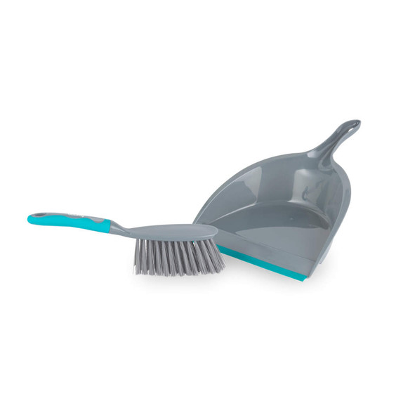 Grey and turquoise dustpan and brush set for home cleaning, shown on white background
