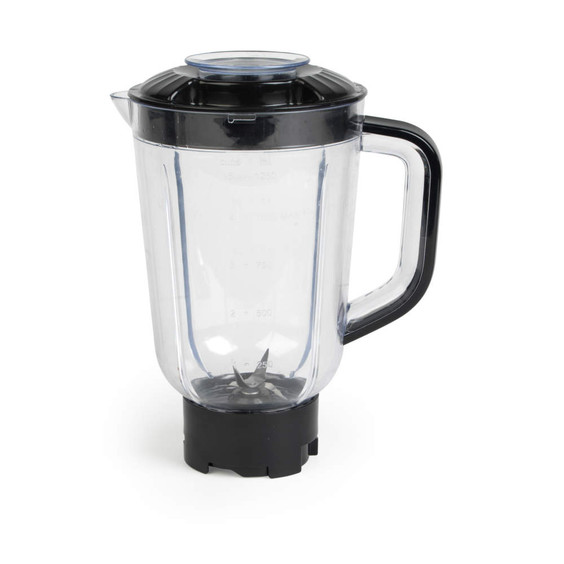 Clear plastic blender bottle with black flip-top lid shown separately