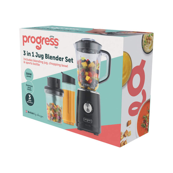 Progress 3 in 1 jug blender set box, shows black blender, jug, chopping bowl and sports bottle.