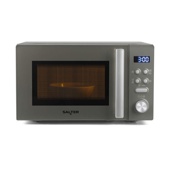 Grey microwave oven with control panel, door handle, and digital timer display