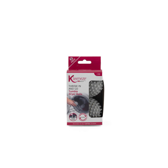 Pack of 2 white spiked tumble dryer balls in Kleeneze branded packaging
