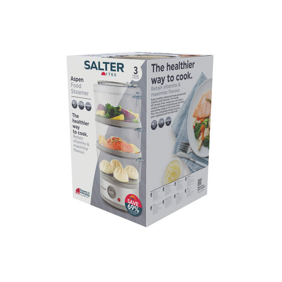 Salter Aspen Food Steamer box packaging showing product image and key features