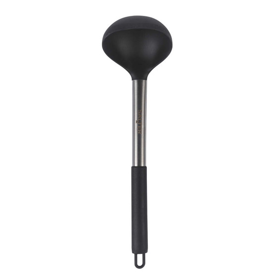 Black and silver soup ladle with stainless steel handle, product image