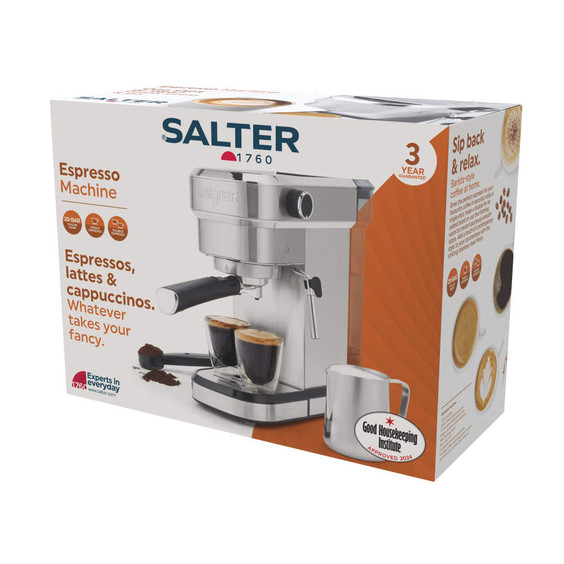 Salter espresso machine retail box showing silver model and two coffee cups