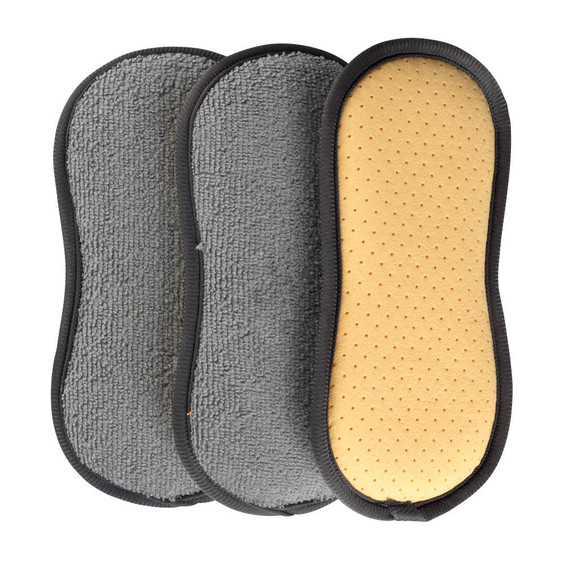 Pack of three reusable cleaning pads, two grey microfibre and one yellow sponge.