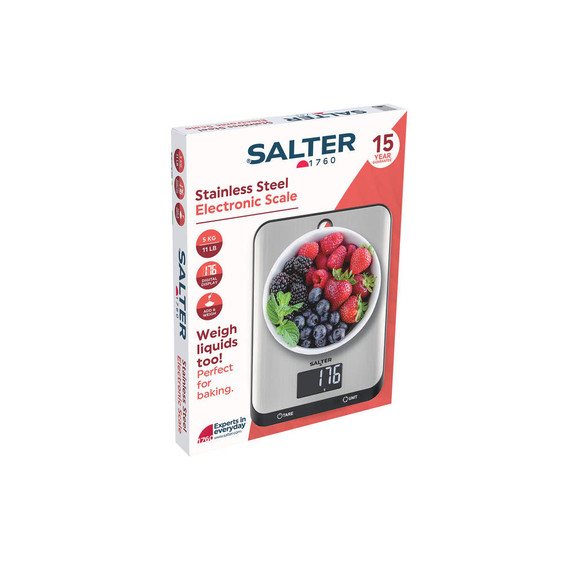 Stainless steel electronic kitchen scale in retail packaging, boxed