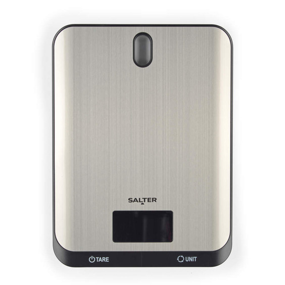 Silver digital kitchen scale with Salter logo, flat design, top-down view.