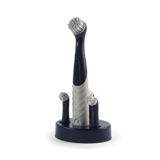 Electric cleaning brush set with four interchangeable heads on stand, navy and grey.