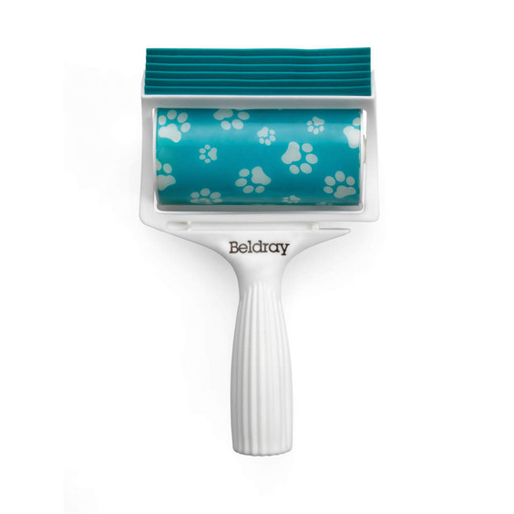 Blue pet hair remover roller with white handle and paw print design
