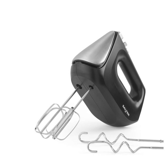 Black hand mixer with beaters attached and dough hooks shown separately
