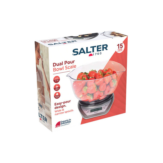Salter dual pour bowl scale packaging with strawberries in bowl, easy-pour design.