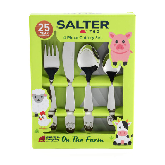 Children’s 4 piece farm animal cutlery set in gift box, silver finish