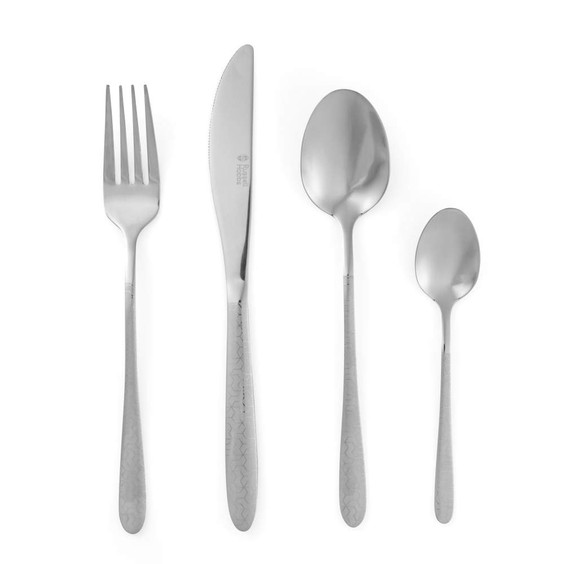 Four-piece silver cutlery set with fork, knife, spoon, and teaspoon, subtle textured handles
