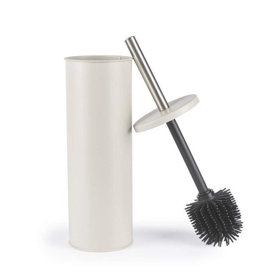 Grey silicone toilet brush with matching holder, shown at a slight angle.