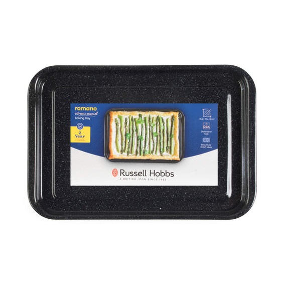 Black vitreous enamel baking tray with packaging, Russell Hobbs Romano, 35 x 24 x 2.3 cm.