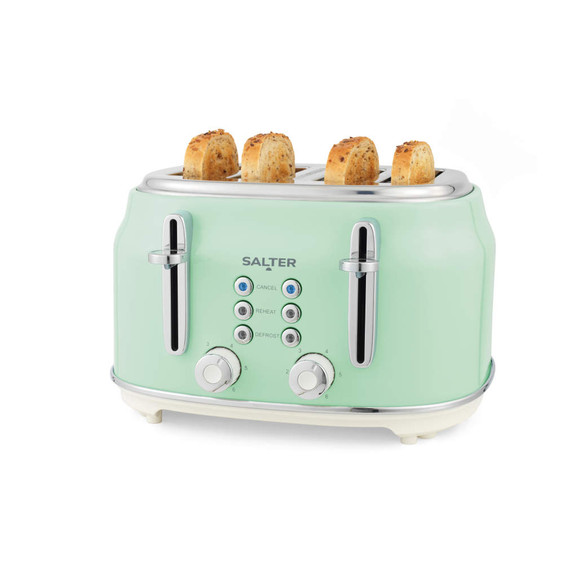 Green four-slice toaster with toasted bread, front view