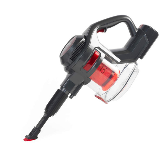 Cordless handheld vacuum cleaner with red and black detailing, angled view