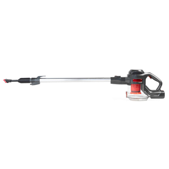 Cordless stick vacuum cleaner with long silver pole and red dust container, side view