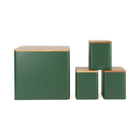 Set of four green kitchen storage canisters with wooden lids, shown in assorted sizes.