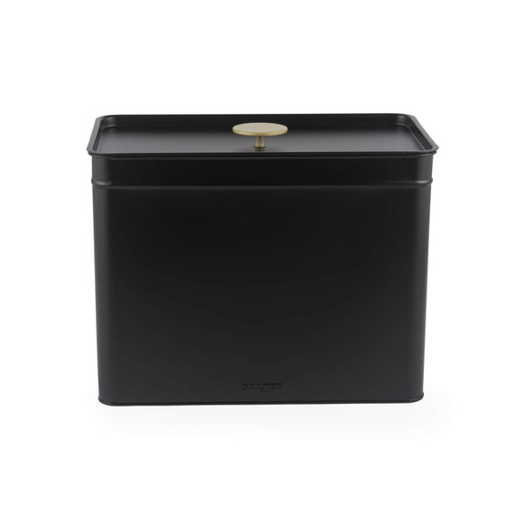 Black metal storage tin with gold knob lid, shown front view