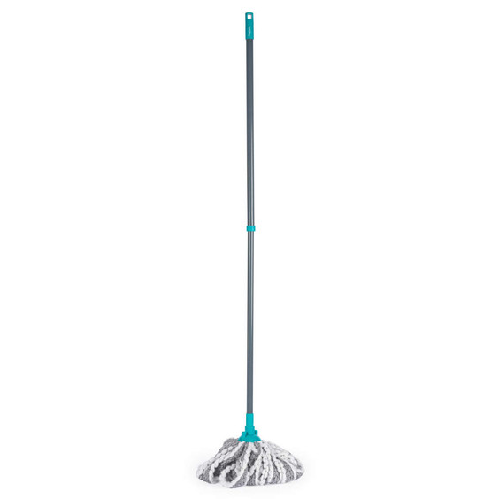 Grey and white cotton mop with blue handle, upright product image on white background