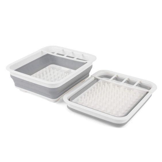 Collapsible grey and white dish drainer set with cutlery holder, shown open and folded.
